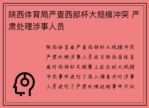 陕西体育局严查西部杯大规模冲突 严肃处理涉事人员